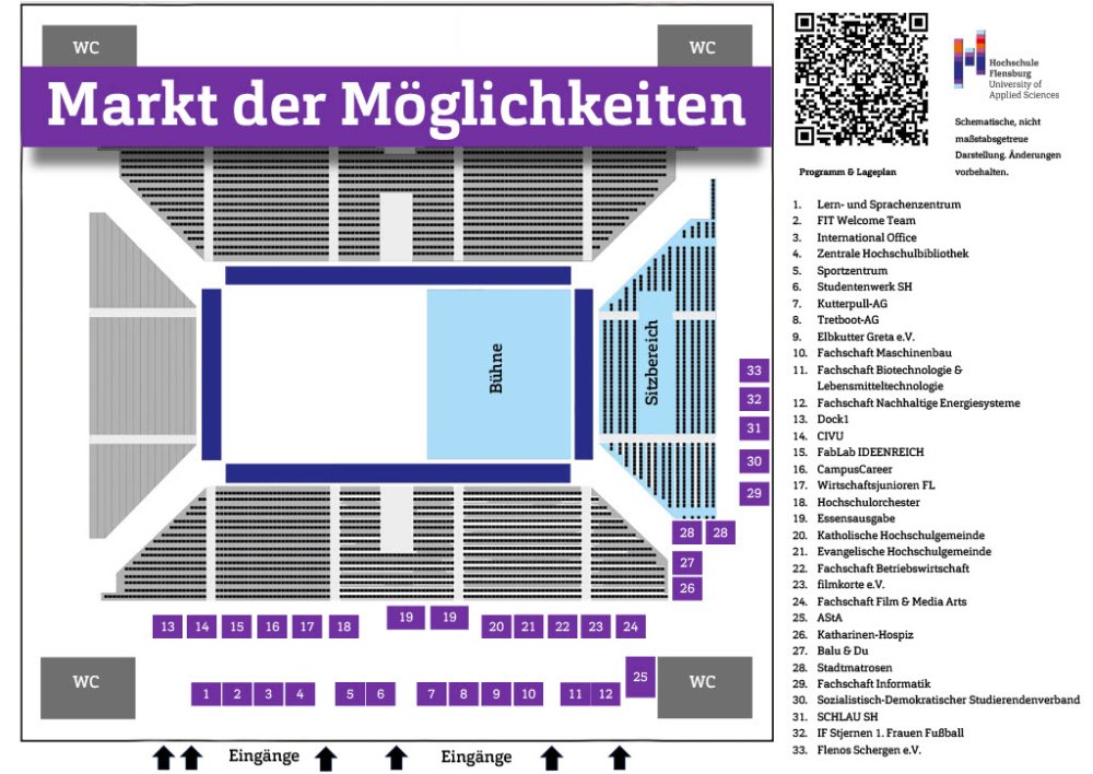 Lageplan der GP Joule Arena in Flensburg mit Ständen.