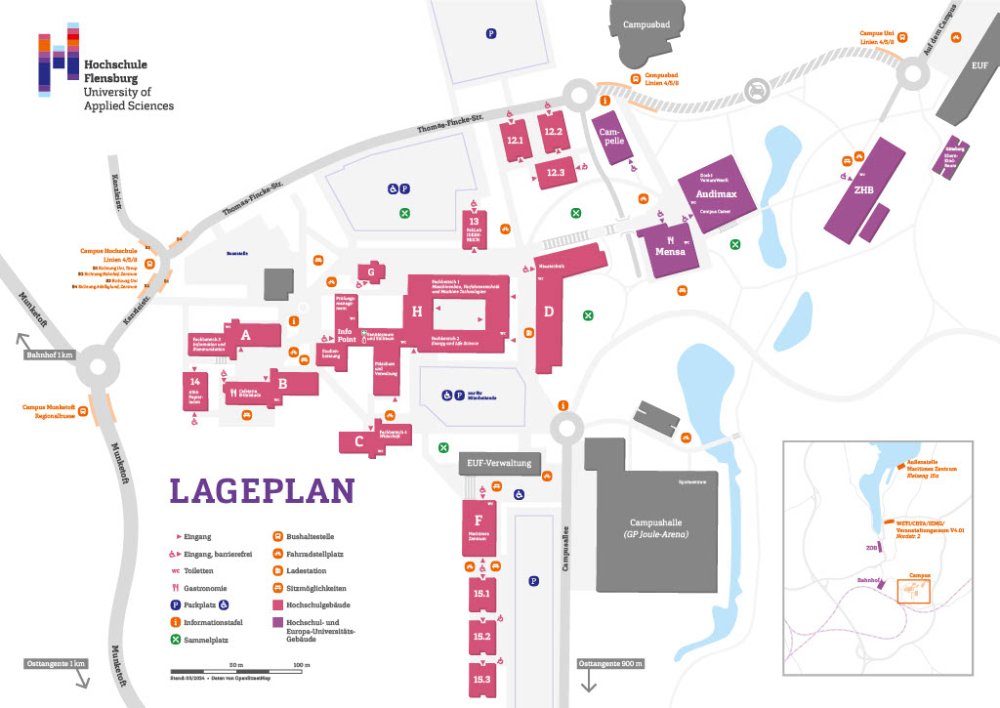 Lageplan des Flensburger Campus. Gebäude der Hochschule sind rosa dargestellt und mit Buchstaben und Symbolen versehen, in der rechten unteren Ecke steht eine Legende zur Erklärung.
