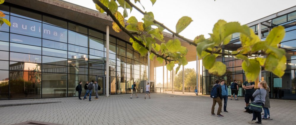 Studierende vor dem audimax. Es ist sonnig, am vorderen Bildrand ist der Ast eines Baumes zu erkennen.