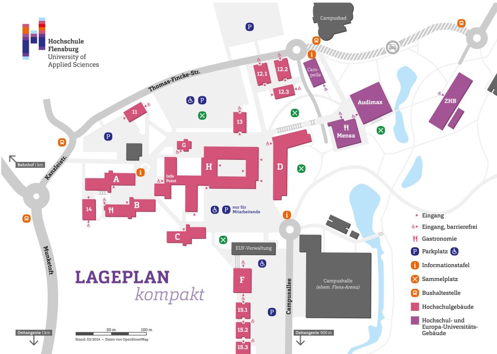 Lageplan des Flensburger Campus. Gebäude der Hochschule sind rosa dargestellt und mit Buchstaben und Symbolen versehen, in der rechten unteren Ecke steht eine Legende zur Erklärung.
