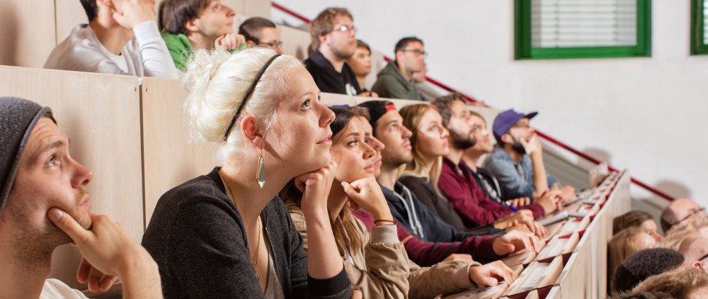 Students in a lecture theatre.