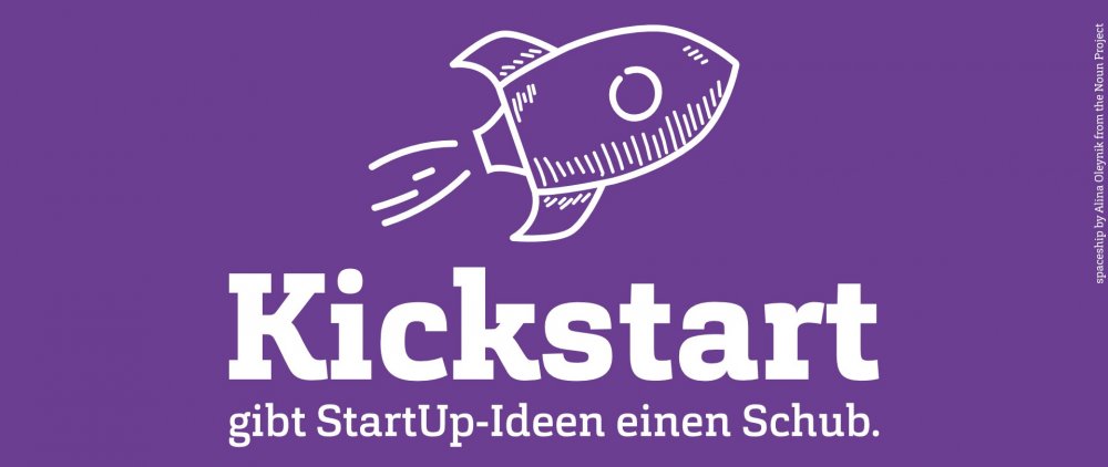 Grafik: Lila Untergrund, darauf eine gezeichnete Rakete und der Schriftzug Kickstart je in weiß.