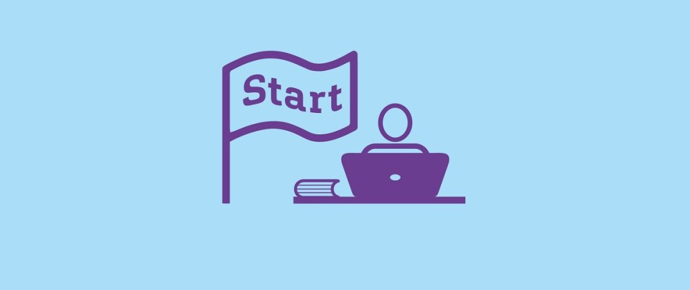 Hellblauer Hintergrund mit Icon einer Person, die an einem Laptop sitzt und ein Buch neben sich liegen hat. Daneben eine Flagge mit dem Schriftzug: Start