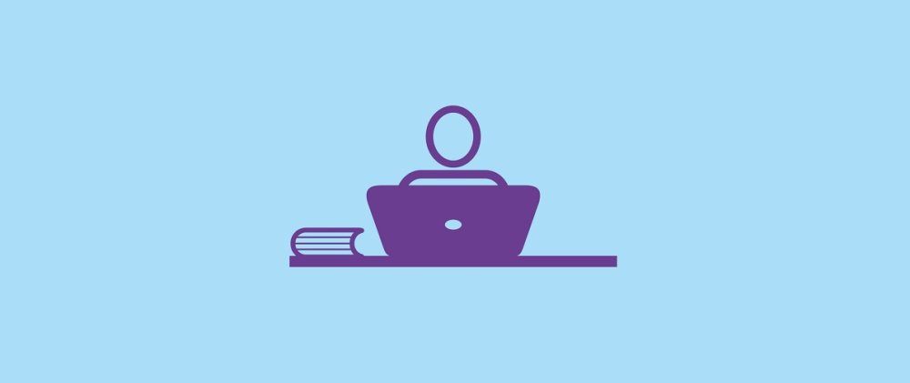 Hellblauer Hintergrund mit Icon einer Person, die an einem Laptop sitzt und ein Buch neben sich liegen hat. 