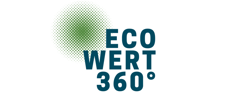 Logo: Aus vielen grünen Punkten bestehender Kreis, dazu blauer Schriftzug: EcoWert360°.
