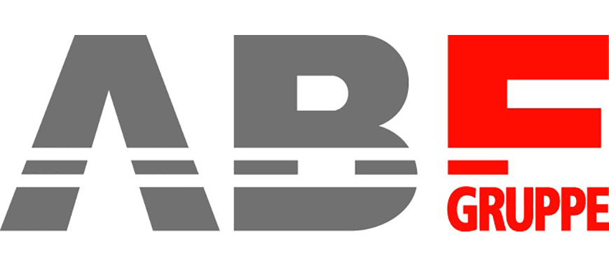 Unternehmenslogo: Großbuchstaben ABE in grau und rot, in das E integriert das Wort Gruppe.