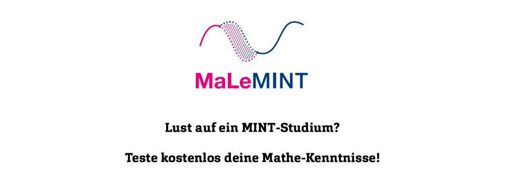 Das Logo von MaLeMINT: Zwei geschwungene Linien in pink und blau, dazwischen eine farbig schraffierte Fläche. Darunter der Schriftzug "MaLeMINT. Lust auf ein MINT-Studium? Teste kostenlos deine Mathe-Kenntnisse!"