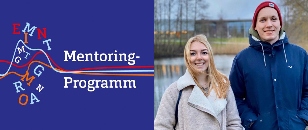 Die Grafik ist zweigeteilt: Links auf blauem Gruind ein Buchstabengewirr, das sich in einen Strang auflöst, über dem Mentoringprogramm steht. REchts ein Foto von zwei jungen Menschen: Eine blonde Frau in Winterjacke und ein junger Mann mit Mütze. Beide lachen. Hinter ihnen ist unscharf ein Gebäude und ein Gewässer zu erkennen.