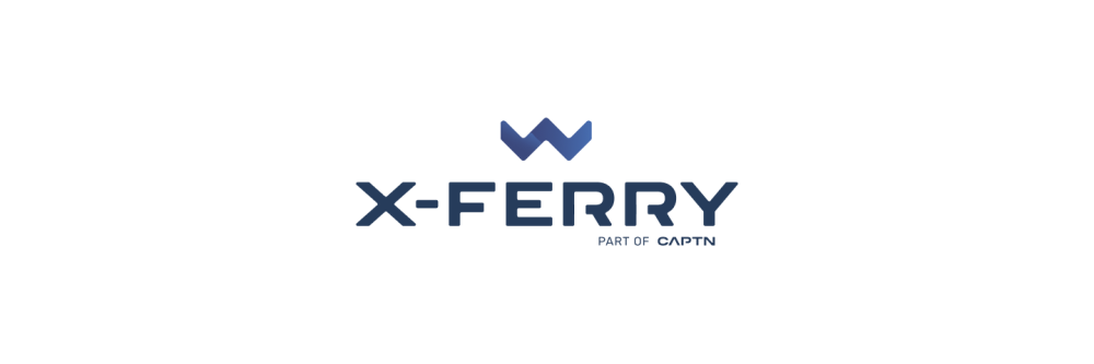 Logo: X-Ferry. oben eine angedeutete eckige Welle, darunter X-FERRY.