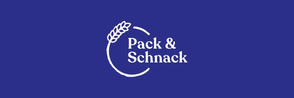 Blauer Hintergrund mit weißem Logo: Pack & Schnack