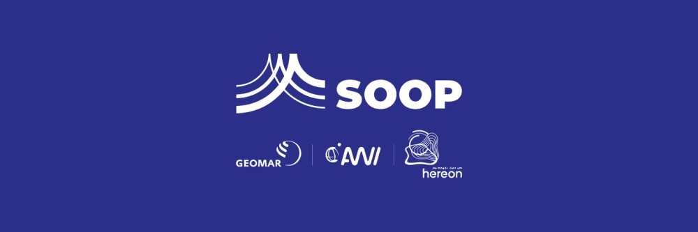 Blauer Hintergrund mit vier weißen Logos: SOOP, Geomar, AWI und Hereon Helmholtz-Zentrum