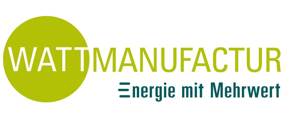 Logo: Grüner Kreis mit Schriftzug "Wattmanufactur", darunter in blau: "Energie mit Mehrwert".