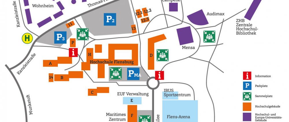 Lageplan des Flensburger Campus. Gebäude, Straßen und andere wichtige Punkte sind hauptsächlich in den Hochschulfarben lila, orange, balu dargestellt.