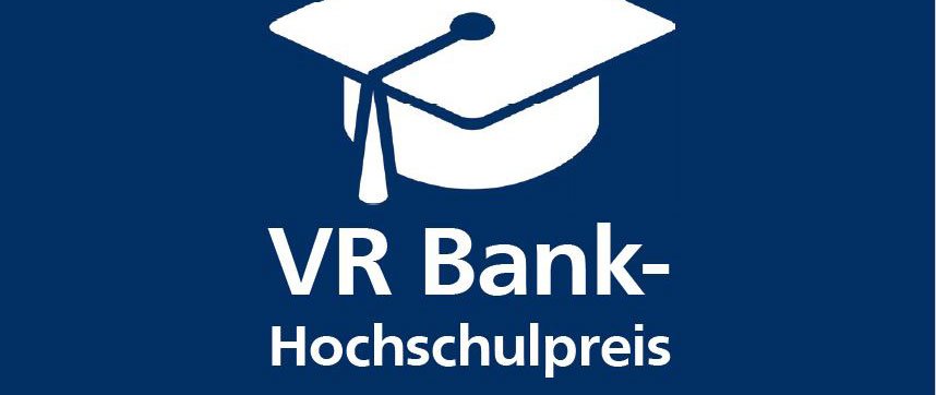 Dunkelblauer Grund, darauf eine Grafik eines Abschlusshutes in weiß und "VR Bank-Hochschulpreis"
