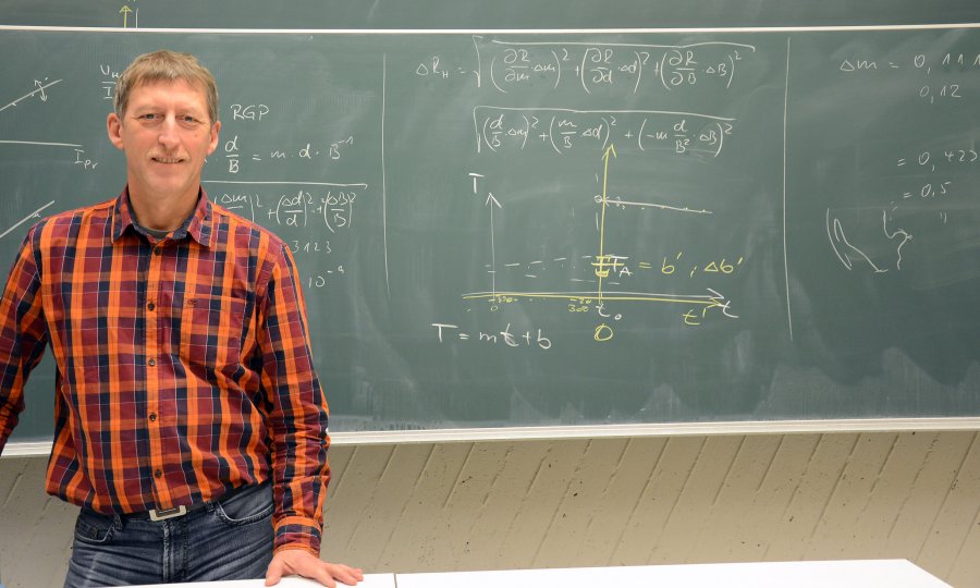 Rainer Christiansen vor einer mit Formeln und Skizzen beschriebenen Tafel.