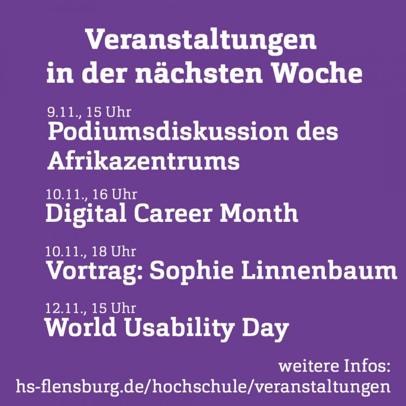 Lila Grund mit einer Veranstaltungsübersicht in weißer Schrift und einem Link zur Website.