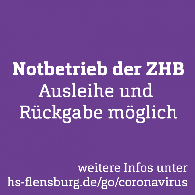 Lila Quadrat mit weißer Schrift: Notbetrieb der ZHB, Ausleihe und Rückgabe möglich.