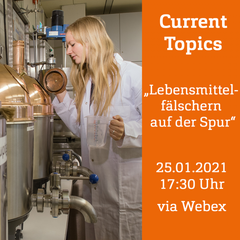 Grafik: Links ein Bild von einer blonden Frau in Laborkittel, die in ein Braugefäß schaut, rechts ein orange-farbenes Rechteck mit weißer Schrift (Veranstaltungstitel und Infos).