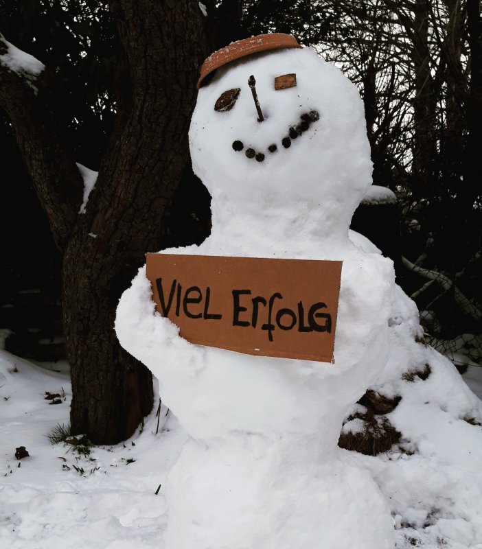 Schneemann, der ein Schild hält auf dem "Viel Erfolg" steht.