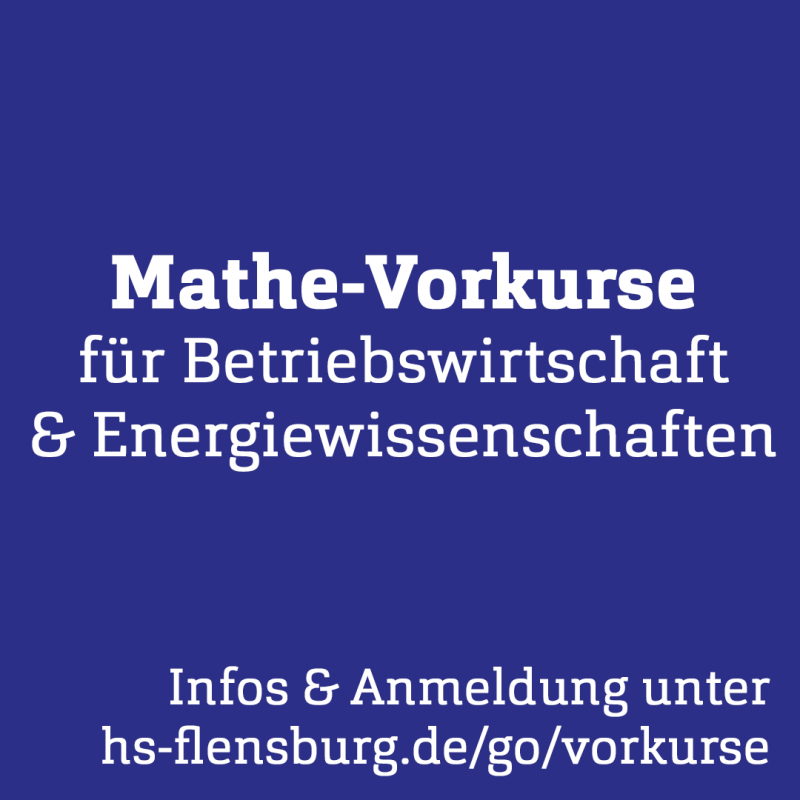 Dunkelblaues Quadrat mit weißer Schrift: "Mathe-Vorkurse für BW und EnWi", Verweis auf Website