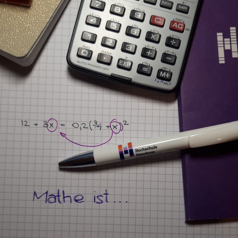 kariertes Blatt mit Gleichung darauf, darunter steht "Mathe ist...". Drumherum ein Taschenrechner, Stift und Notizbücher.