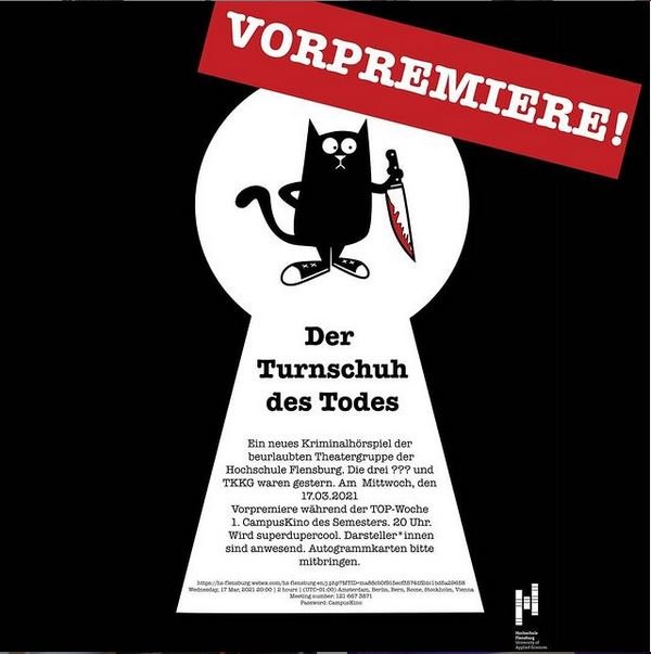 Poster: Schwarzer Grund, in der Mitte weiße Fläche in Form eines Schlüssellochs, darauf Text und eine schwarze Katze mit Messer.