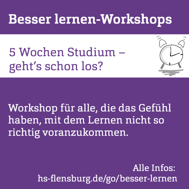 Grafik: Lila Untergrund. Darauf ein weißes Feld mit dem Workshoptitelin lila Schrift und Details in weißer Schrift. REchts oben eine gezeichnete Uhr.