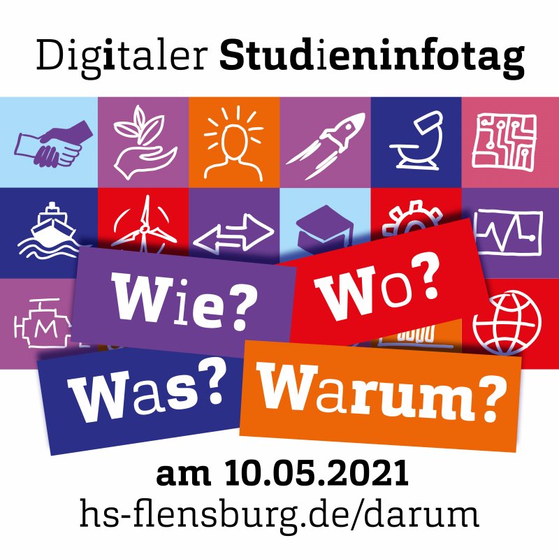 Grafik: Kacheln in Hochschulfarben, darauf verschiedene Symbole und die Fragen: Wie? Wo? Was? Warum?