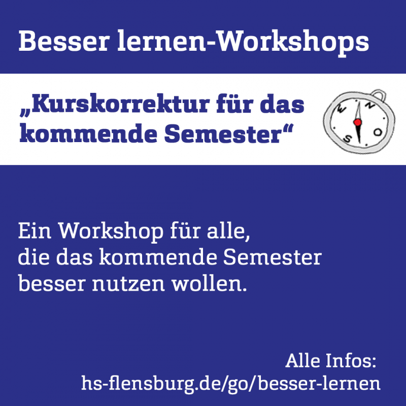 Grafik: Blaues Quadrat mit weißer Schrift, die Infos zum Workshop gibt. Oben ein weißer Balken mit Titel und iner gezeichneten Uhr.