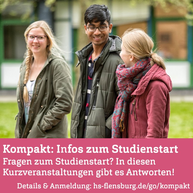 Drei junge Menschen im Gespräch auf dem Campus. Unten ein rosa Balken mit Infos in weißer Schrift.