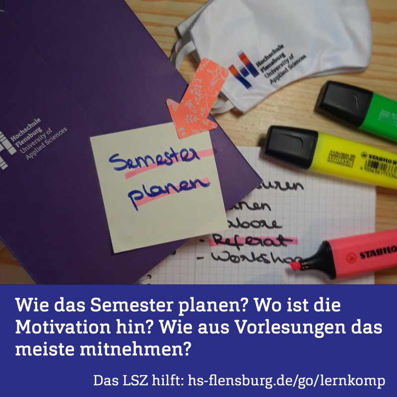 Ausschnitt eines Schreibtisches mit Stiften, Zetteln, PostIt und Maske. Darunter ein blauer Balken mit Infos.