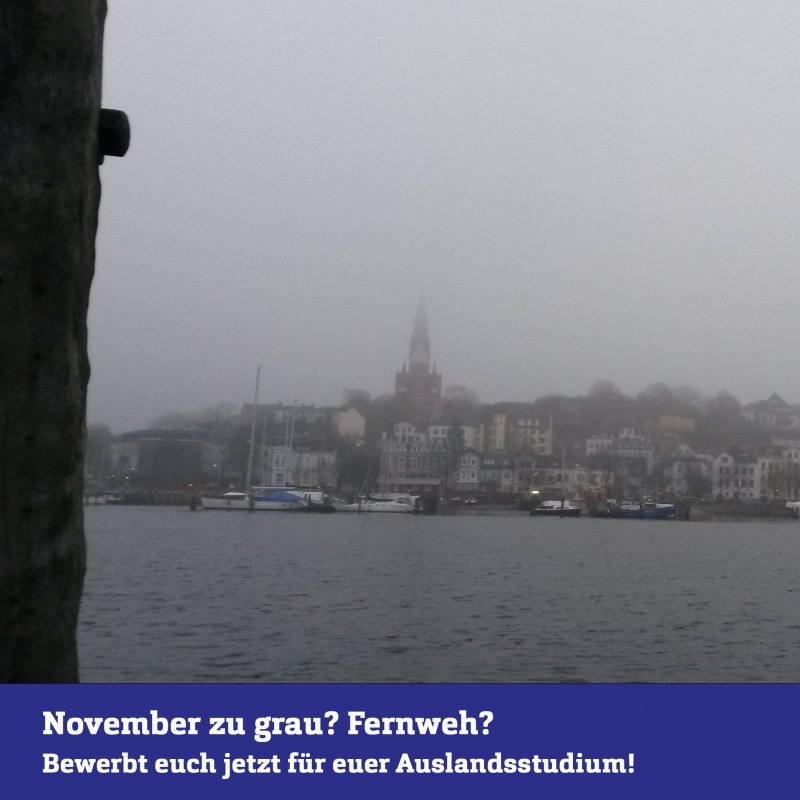 Blick über den Flensburger hafen im grauen Nebel, die Gebäude auf der anderen Seite sind nur schwer zu erkennen. Unten ein blauer Balken mit weißer Schrift: Bewerbt euch für euer Auslandssemester.