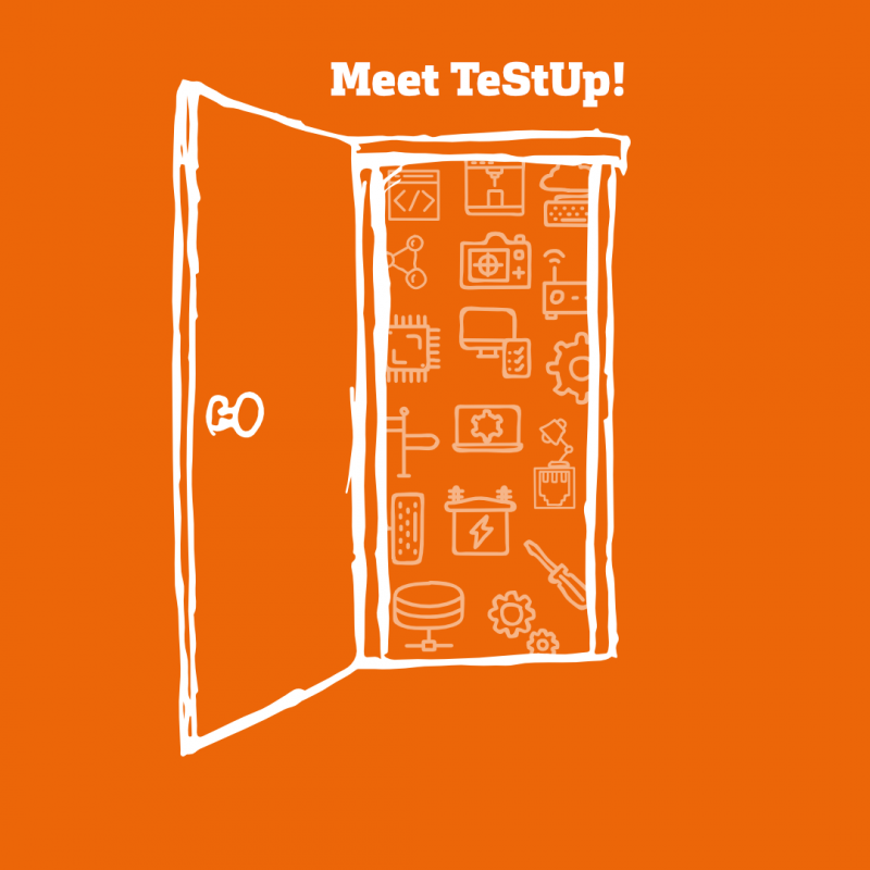 Grafik: Orangenes Quadrat, darauf eine Zeichnung einer offenstehenden Tür in weiß. Darüber in weißer Schrift: "Meet TeStUp!"