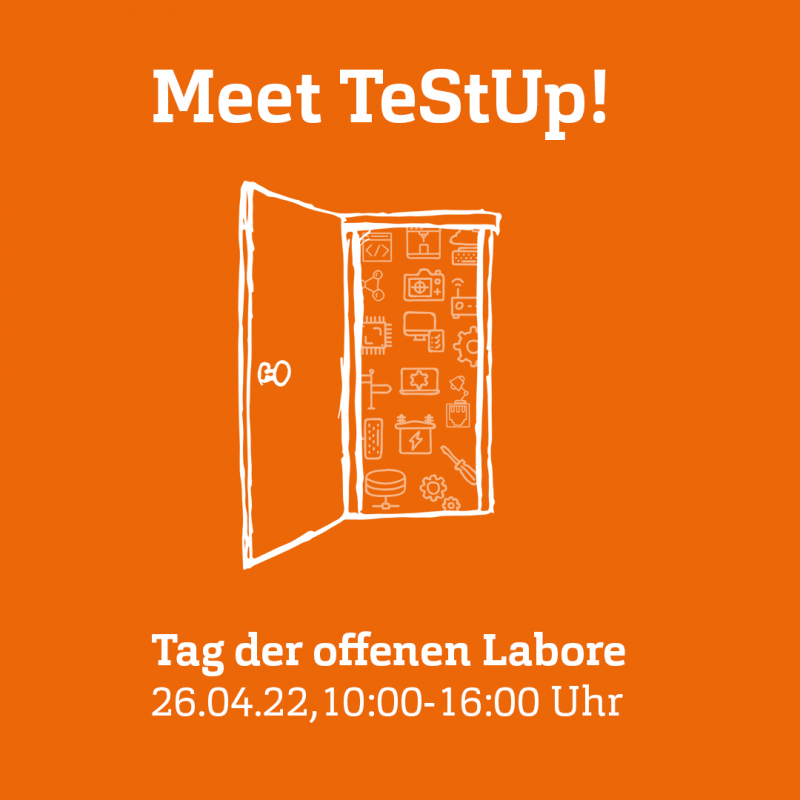 Orange-farbenes Quadrat, darauf weiße Schrift "Meet TeStUp" und eine Zeichnung einer offenen Tür.