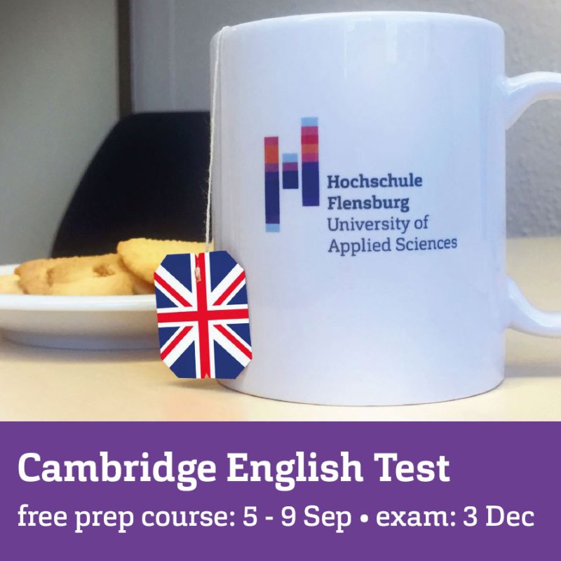 Hochschultasse mit einem Teebeutelanhänger, der aussieht wie eine britische Flagge. Dahinter ein Teller mit Keksen. Unten eine lila Box mit Informationen in weißer Schrift.