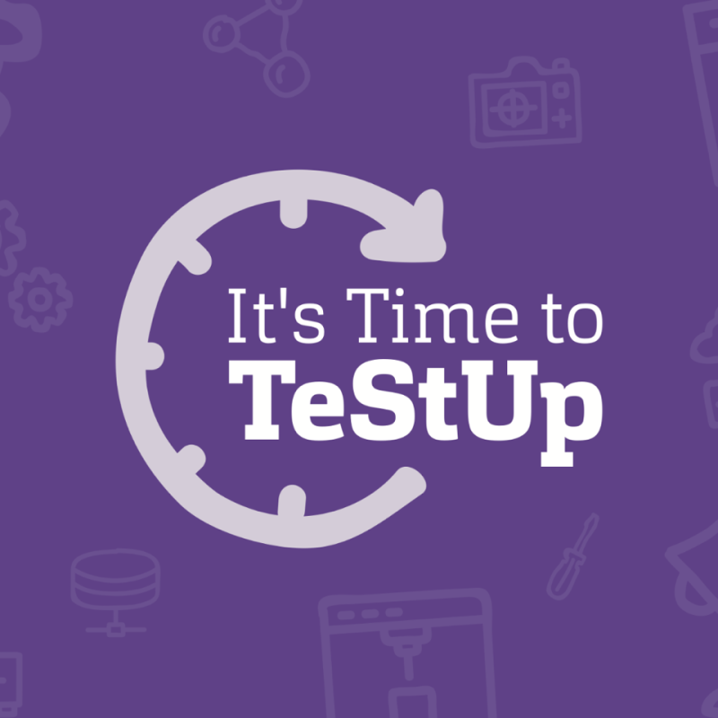 Grafik: Lila Untergrund mit weißer Schrift (It's Time to TeStUp) und angedeuteter Uhr.