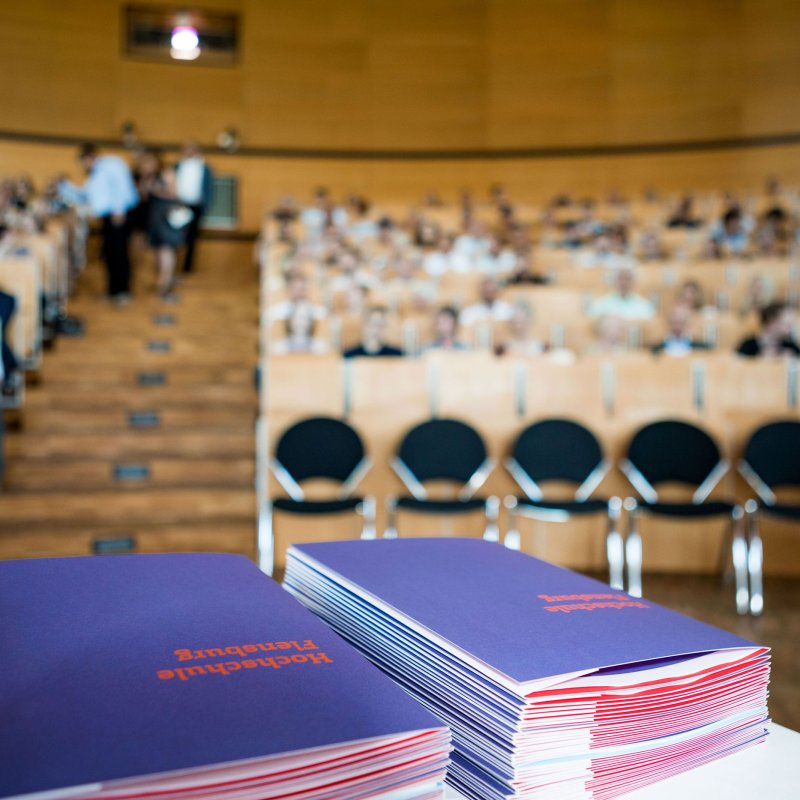 Stapel von lila Mappen, auf denen Hochschule Flenburg steht im Vordergrund des Bildes, dahinter unscharf ein Raum mit Sitzreihen und Parkett.