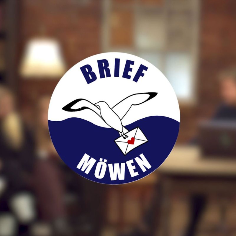 Logo der Briefmöwen auf einem verschwommenen Bild des Interviews.