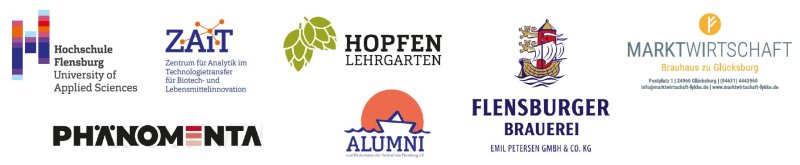 Logos auf weißem Grund: Hochschule Flensburg, ZAiT, Alumni-Verein, Hopfenlehrgarten, Phänomenta, Flensburger Brauerei, Marktwirtschaft Brauhaus