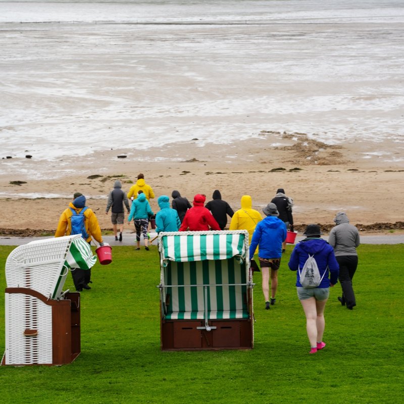 Eine Gruppe von jungen Menschen mit bunten Regenjacken läuft an zwei Strandkörben vorbei über eine grüne Wiese auf das Wattenmeer zu.