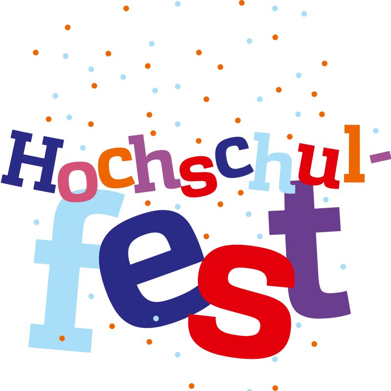 Bunter, verspielter Schriftzug "Hochschulfest", umrahmt von buntem Konfetti.