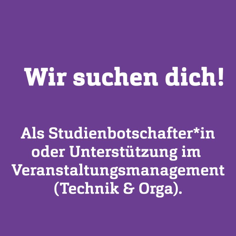 Lila Quadrat mit weißer Schrift: "Wir suchen dich" darunter die Jobtitel.