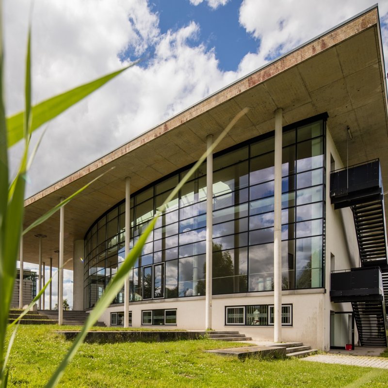 Das audimax der Hochschule Flensburg: Ein moderner Bau mit Glasfassade, Säulen und einem dreieckigen Dach. Darüber blauer Himmel mit weißen Wolken, im Vordergrund eine grüne Wiese und lange Grashalme.