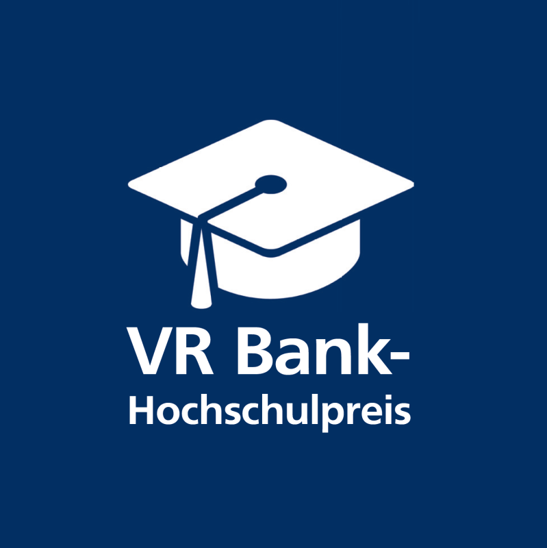 Auf dunkelblauem Grund die weiße Grafik eines Absolventenhutes, darunter der Schriftzug "VR Bank-Hochschulpreis"