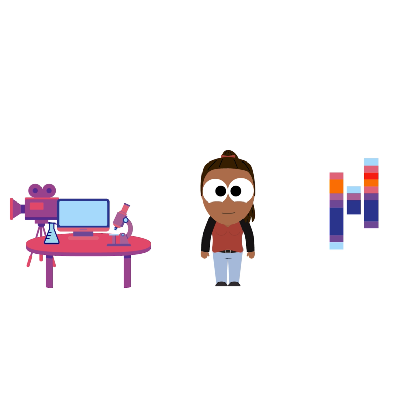 Grafik im Cartoon-Stil: Eine junge Frau steht zwischen einem Tisch mit einem Computer, einer Kamera, einem Reagenzglas und einem Mikroskop auf der einen und dem Logo der Hochschule Flensburg auf der anderen Seite.