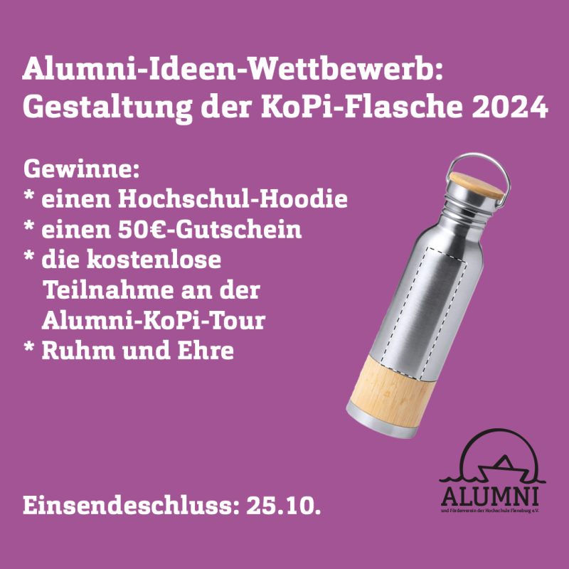 Lilaner Hintergrund mit dem Bild einer Metall-Trinkflasche und Text: Alumni-Ideen-Wettbewerb: gestaltung der KoPi-Flasche 2024. 