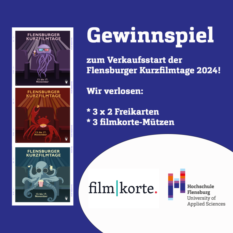 Blauer Hintergrund mit drei Bildern - eine Qualle, eine Krabbe und ein Kraken in Kinosesseln - und Text: Gewinnspiel zum Vorverkaufstart der Flensburger Kurzfilmtage 2024!