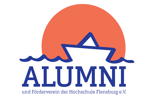 Logo-Grafik: Orangene Sonne über dem Meer, darauf ein Papierboot, darunter Text: Alumni- und Förderverein der Hochschule Flensburg e.V.