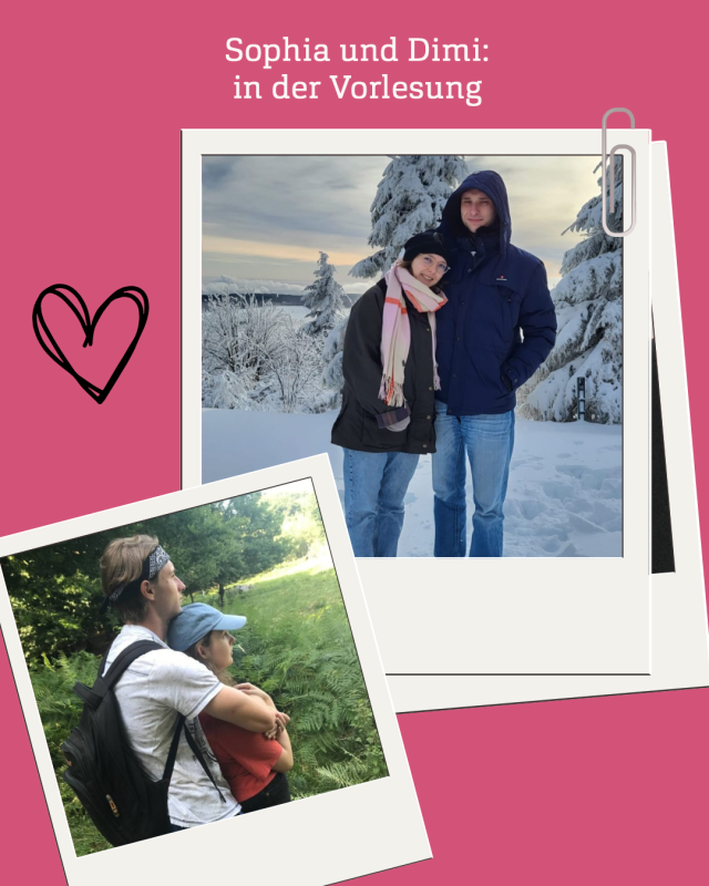 Rosaner Hintergrund mit Polaroid-Fotos eines jungen Paares und Text: Sophia und Dimi: in der Vorlesung