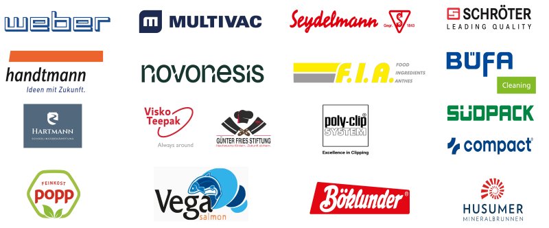 17 Firmenlogos, in Reihen angeordnet: Weber, Multivac, Seydelmann, Schröter, Handtmann, Novonesis, F.I.A., BÜFA, Hartmann, Visko Teepak, Günter Fries Stiftung, Poly-Clip System, Südpack, Compact, Feinkost Popp, Böklunder, Vega Salmon, Husumer Mineralbrunnen